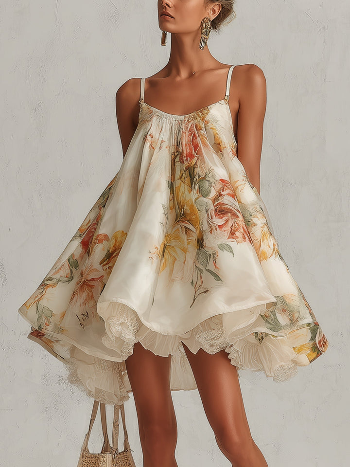 Blanche | Robe Mini Trapèze en Organza Fleurie Beige