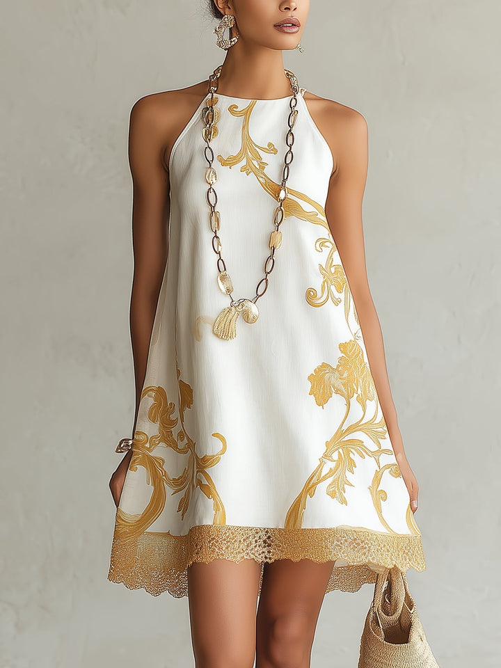 Héloïse | Robe Mini Blanche à Motifs Dorés