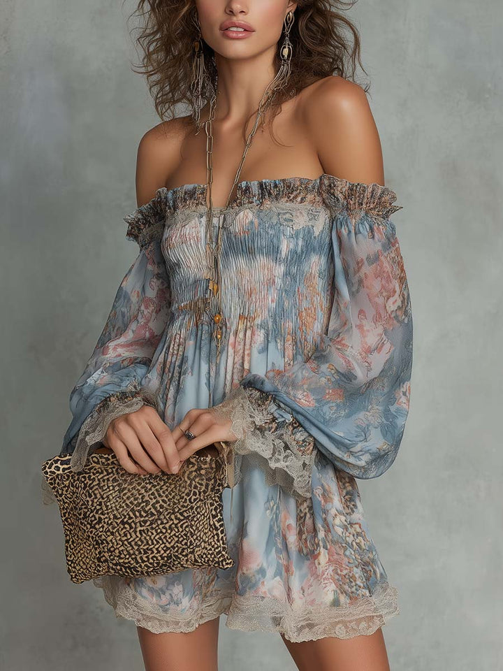 Romane | Robe Mini Froncée à Épaules Dénudées et Fleurs Romantiques