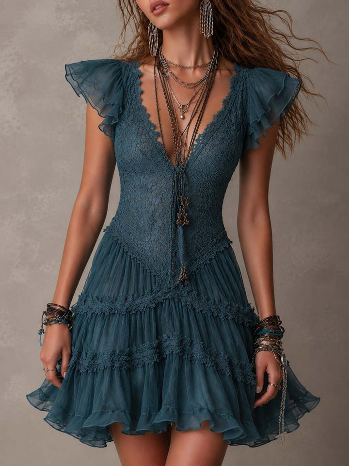 Delphine | Mini Robe à Volants Bleu Rétro