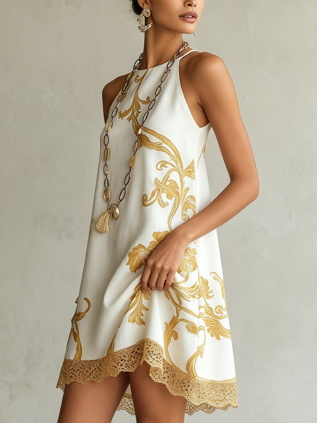 Héloïse | Robe Mini Blanche à Motifs Dorés