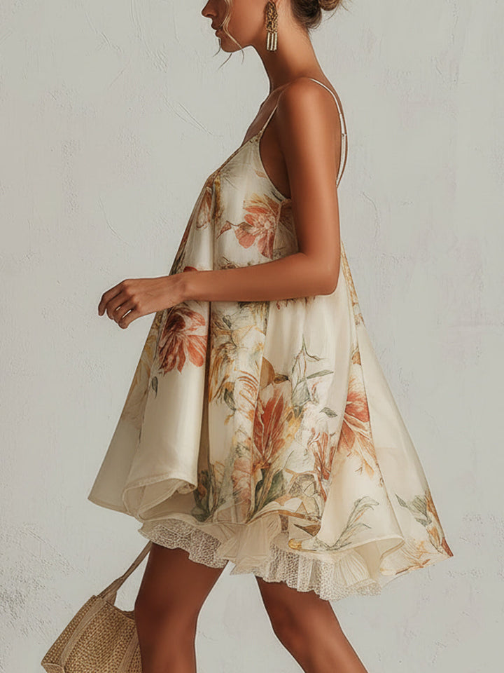Blanche | Robe Mini Trapèze en Organza Fleurie Beige