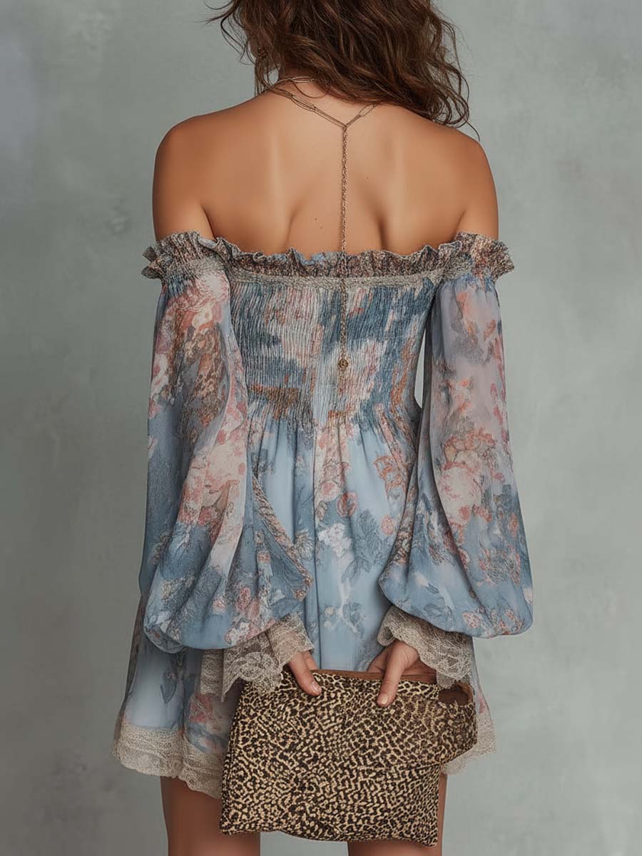 Romane | Robe Mini Froncée à Épaules Dénudées et Fleurs Romantiques