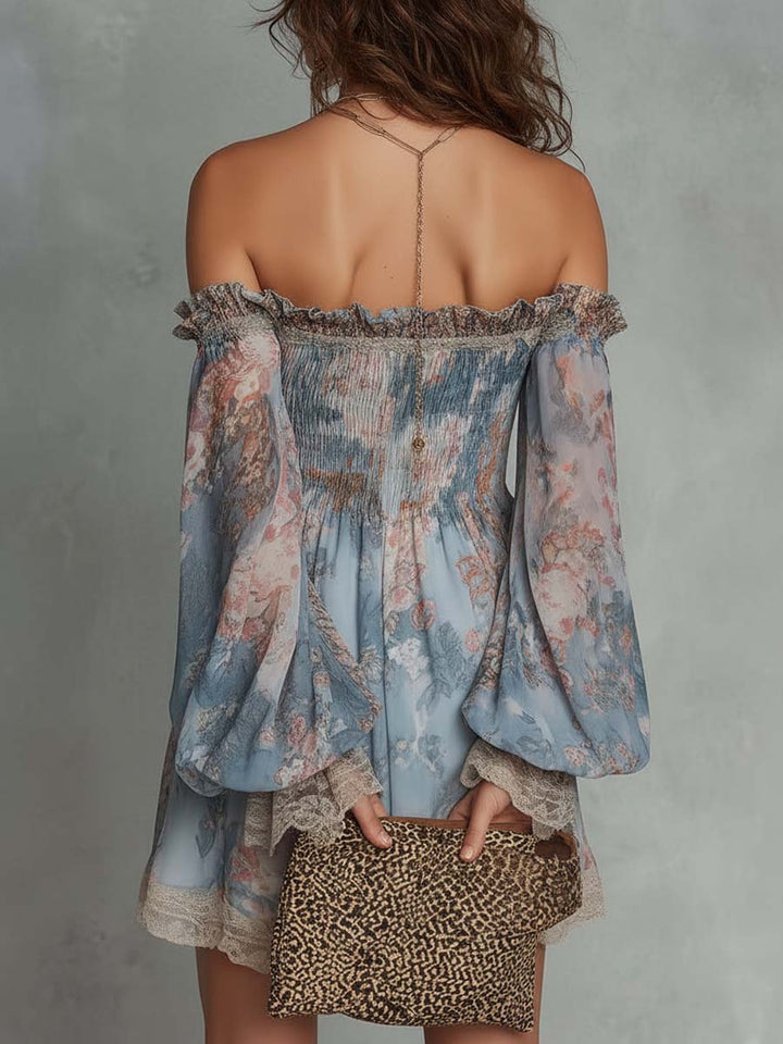 Romane | Robe Mini Froncée à Épaules Dénudées et Fleurs Romantiques