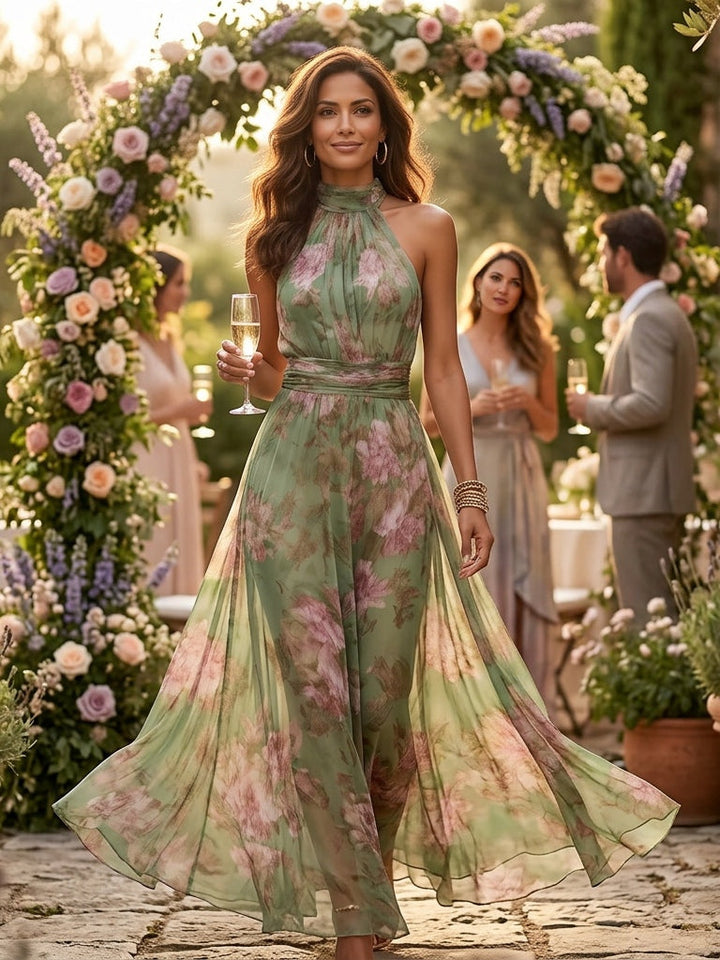 Leah - Green Floral Chiffon Maxi Dress with Halter Neckline