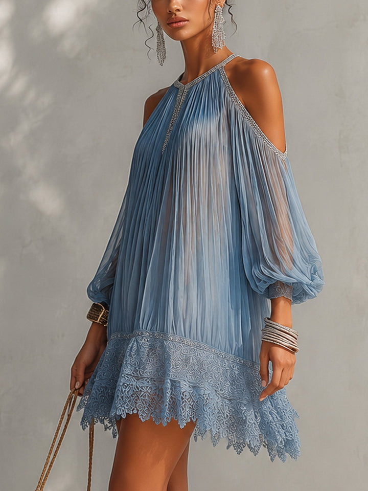Séraphine | Robe Mini Bleue à Épaules Dénudées Froncée et Ourlet