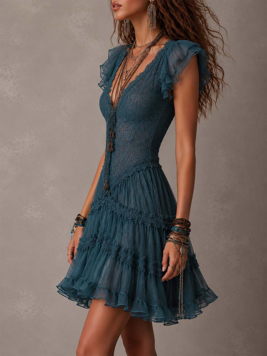 Delphine | Mini Robe à Volants Bleu Rétro