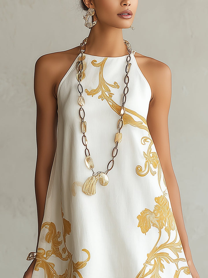 Héloïse | Robe Mini Blanche à Motifs Dorés