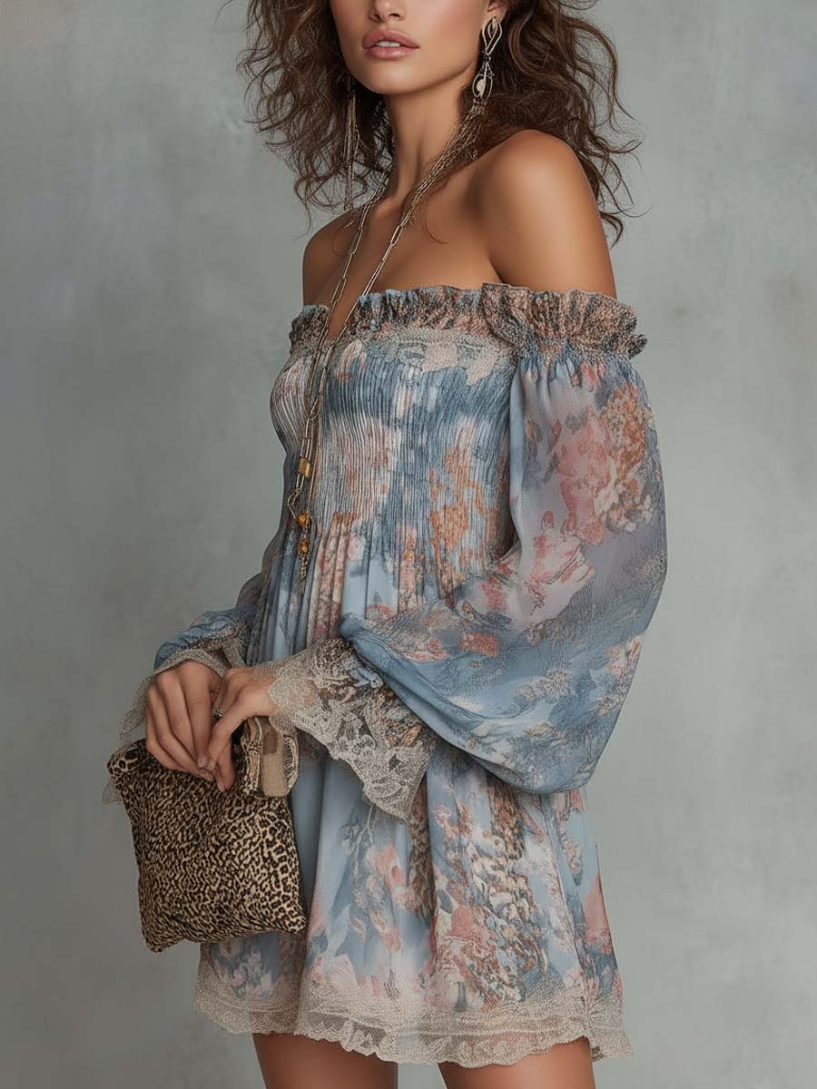 Romane | Robe Mini Froncée à Épaules Dénudées et Fleurs Romantiques