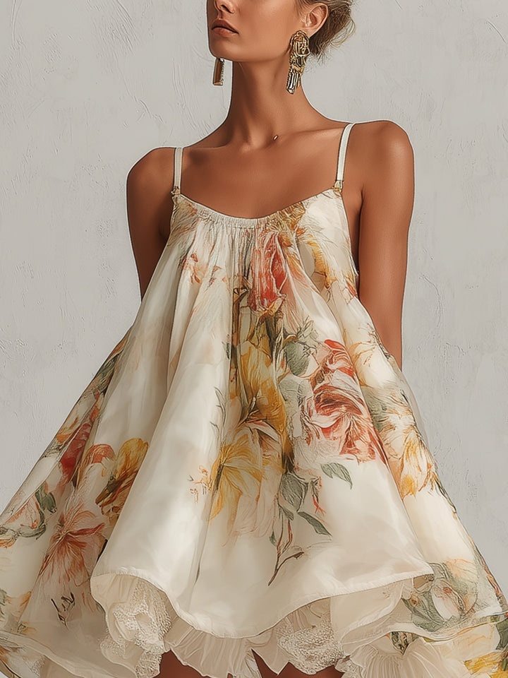Blanche | Robe Mini Trapèze en Organza Fleurie Beige