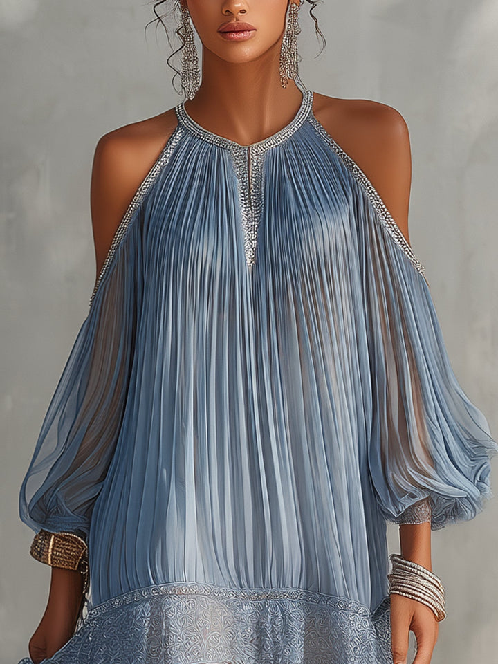 Séraphine | Robe Mini Bleue à Épaules Dénudées Froncée et Ourlet