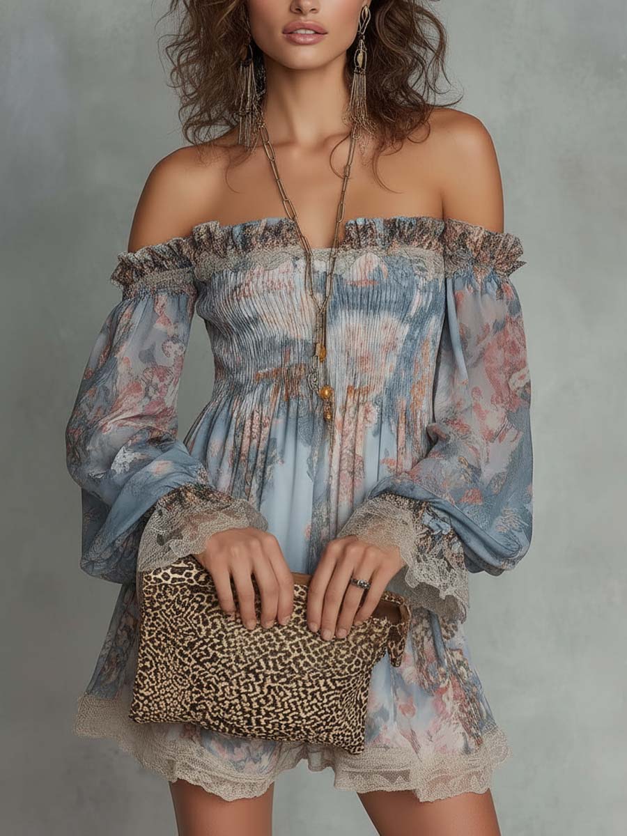 Romane | Robe Mini Froncée à Épaules Dénudées et Fleurs Romantiques