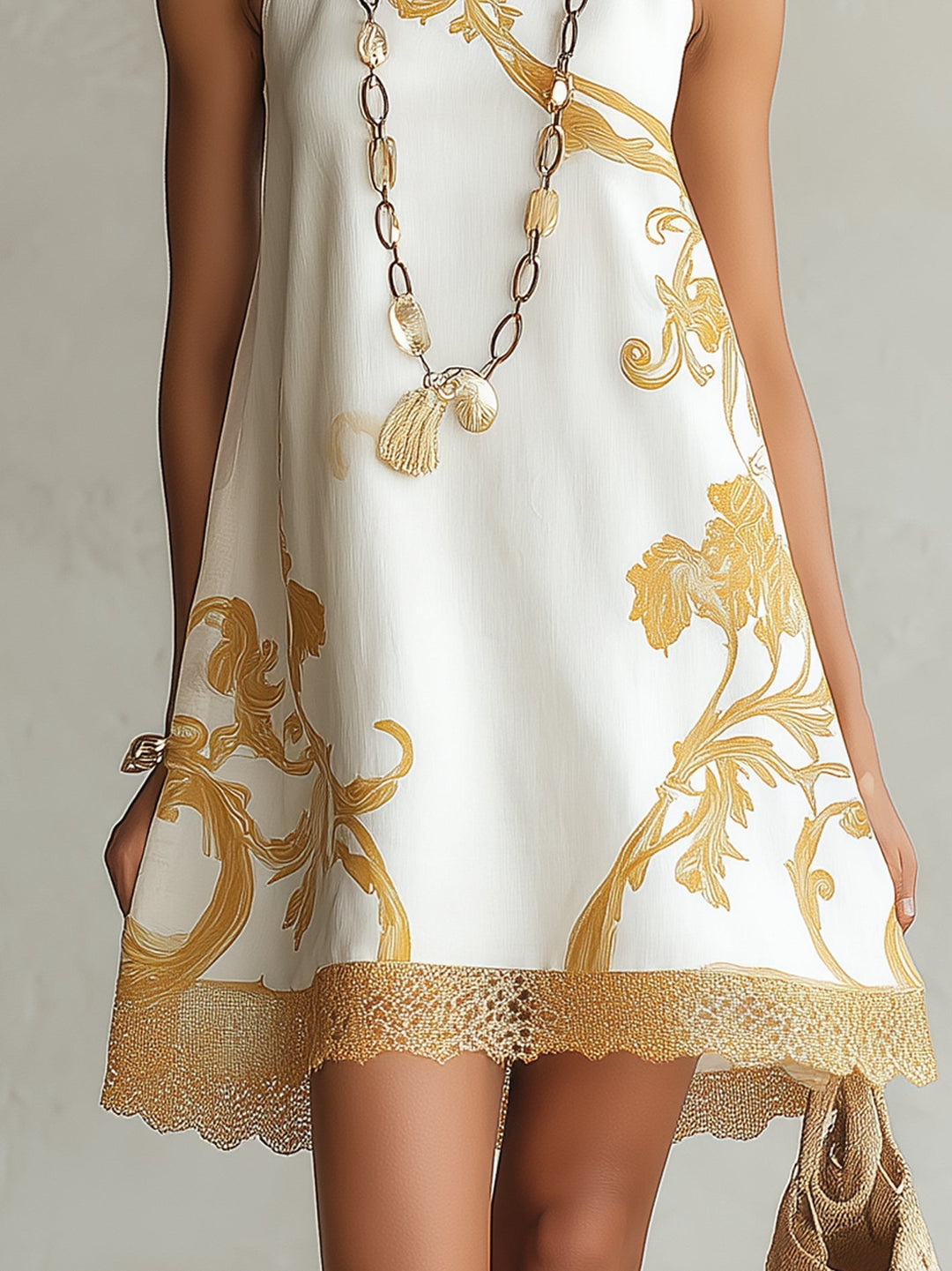 Héloïse | Robe Mini Blanche à Motifs Dorés
