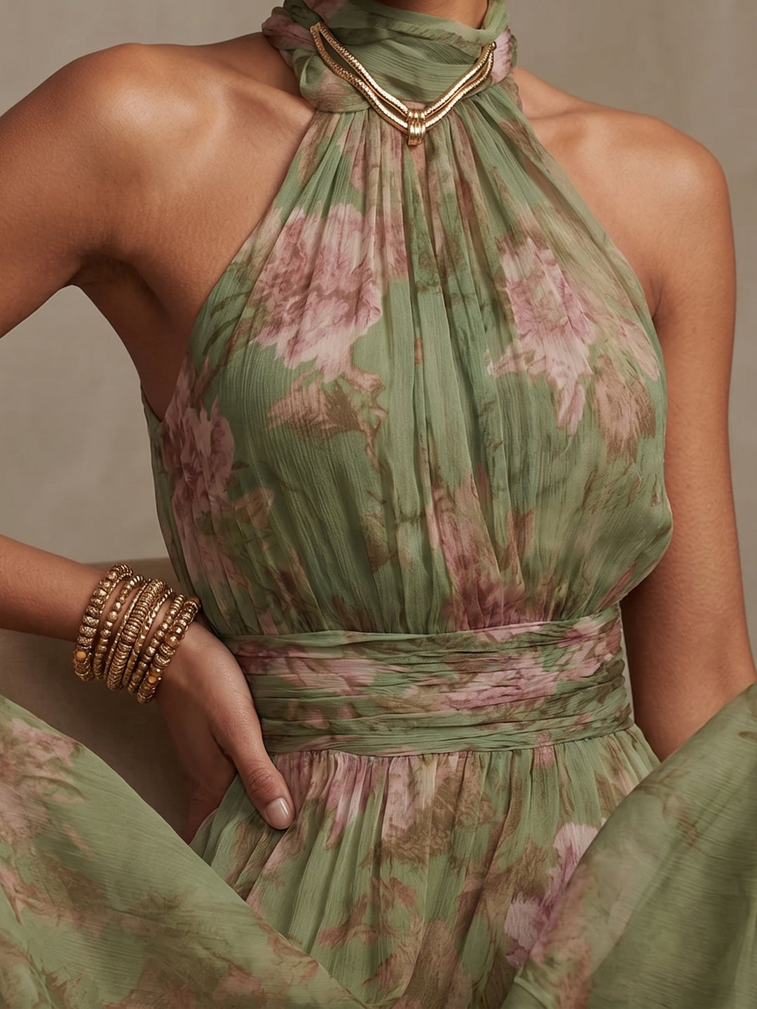 Leah - Green Floral Chiffon Maxi Dress with Halter Neckline