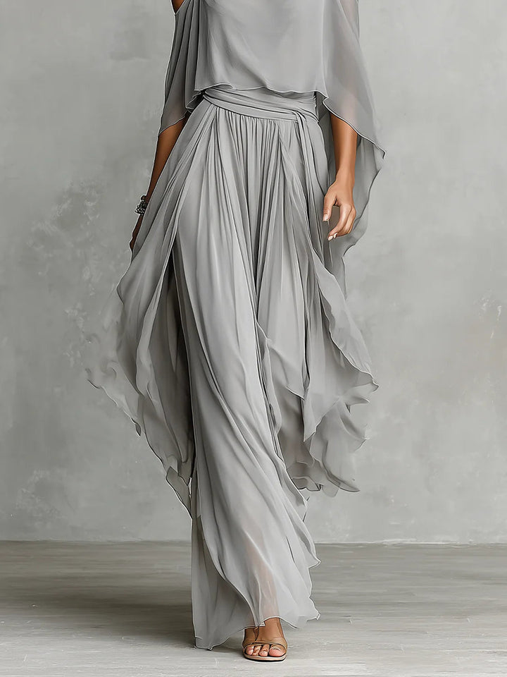 Isabella | Grey Flowing Top & Chiffon Trousers Set • S1