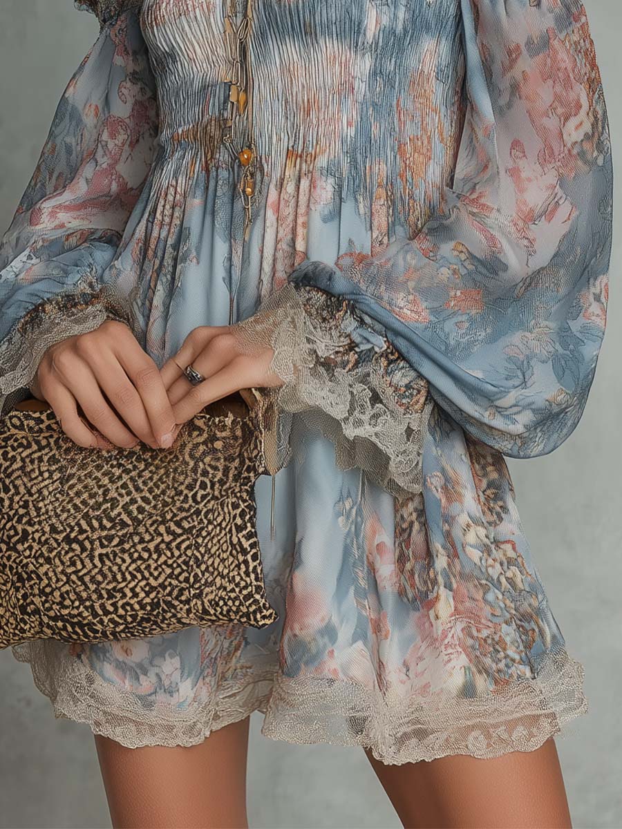 Romane | Robe Mini Froncée à Épaules Dénudées et Fleurs Romantiques