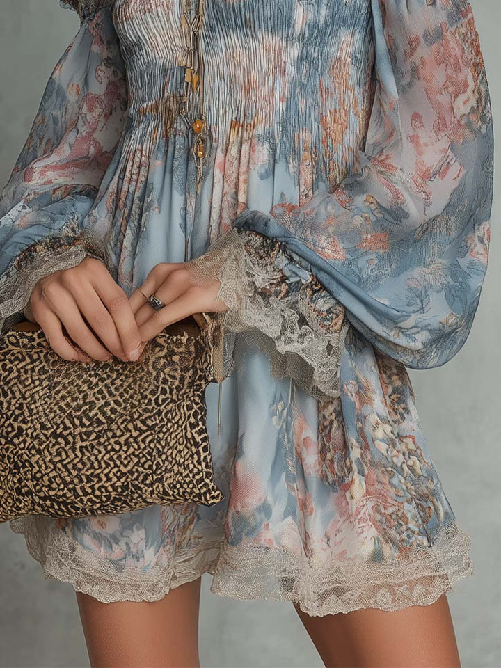 Romane | Robe Mini Froncée à Épaules Dénudées et Fleurs Romantiques