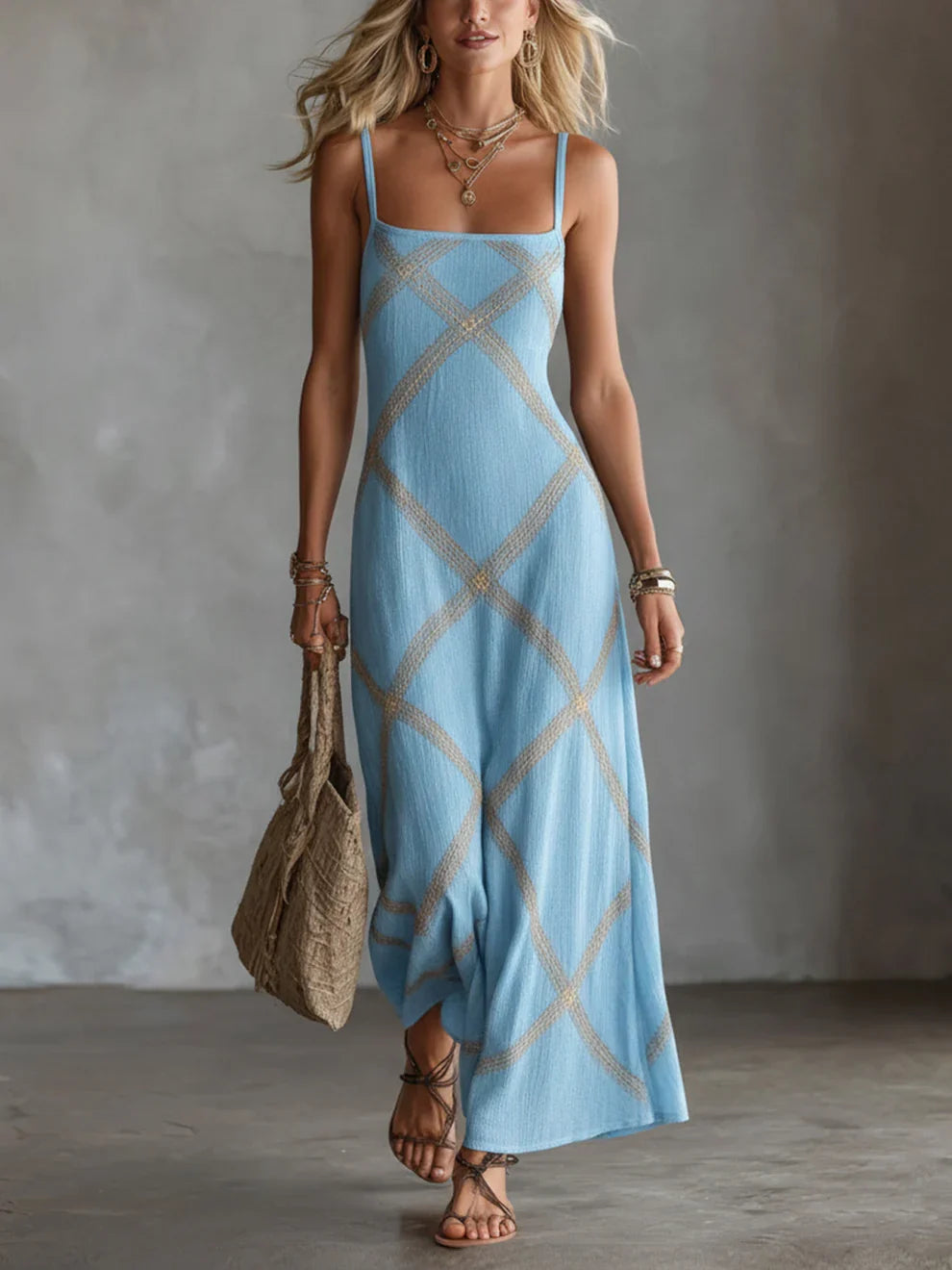 Melisa Robe Maxi Géométrique Encolure Carrée