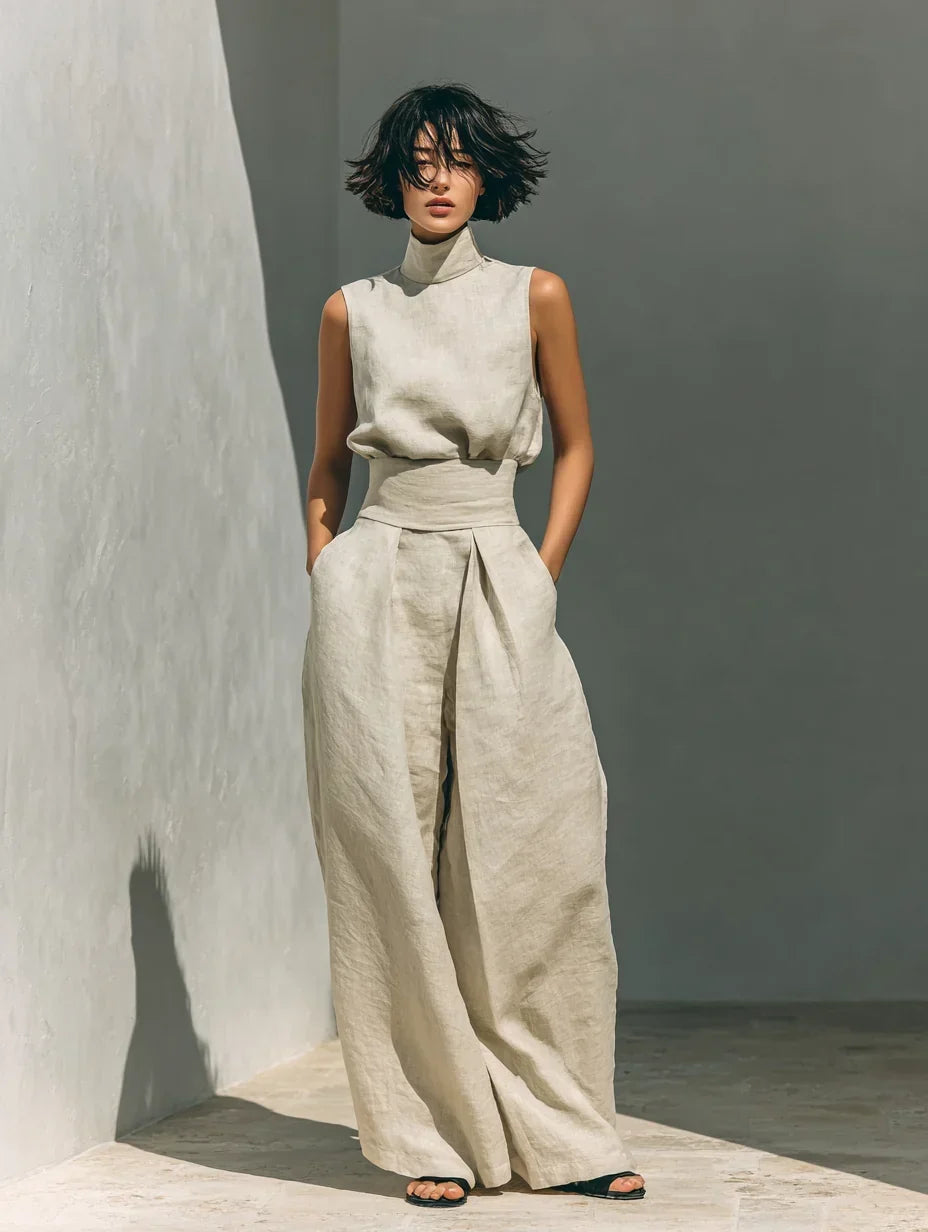 Joana Elegant Set with Thin Strap Top and Wide-Leg Pants