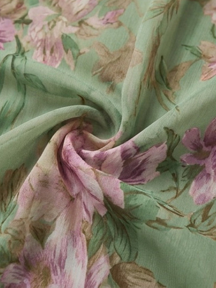 Leah - Green Floral Chiffon Maxi Dress with Halter Neckline