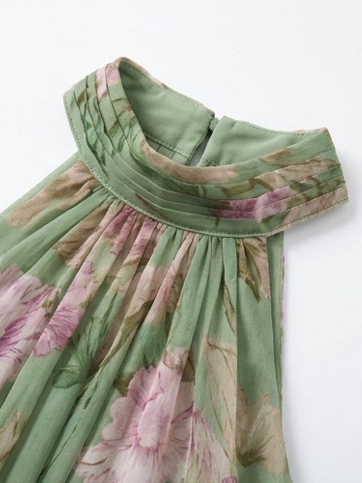 Leah - Green Floral Chiffon Maxi Dress with Halter Neckline