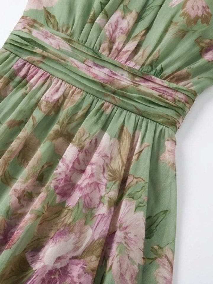 Leah - Green Floral Chiffon Maxi Dress with Halter Neckline