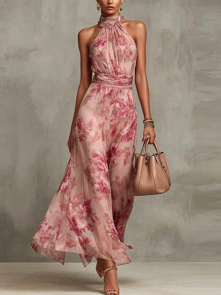 Leah - Green Floral Chiffon Maxi Dress with Halter Neckline
