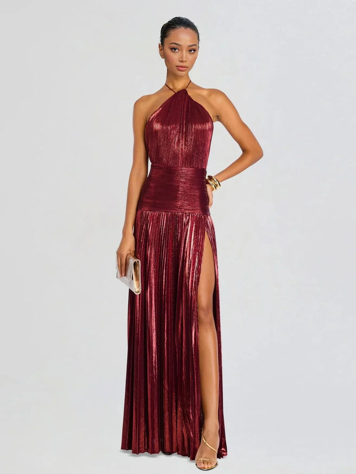 Elegant Metallic Pleated Halter Neck Maxi Dress