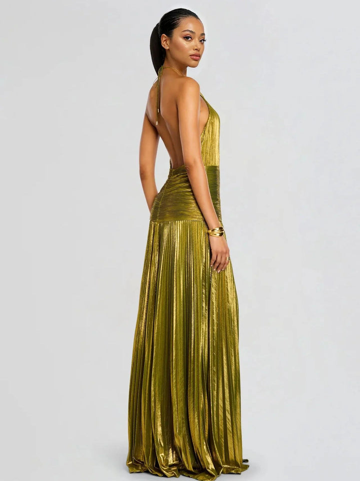 Elegant Metallic Pleated Halter Neck Maxi Dress