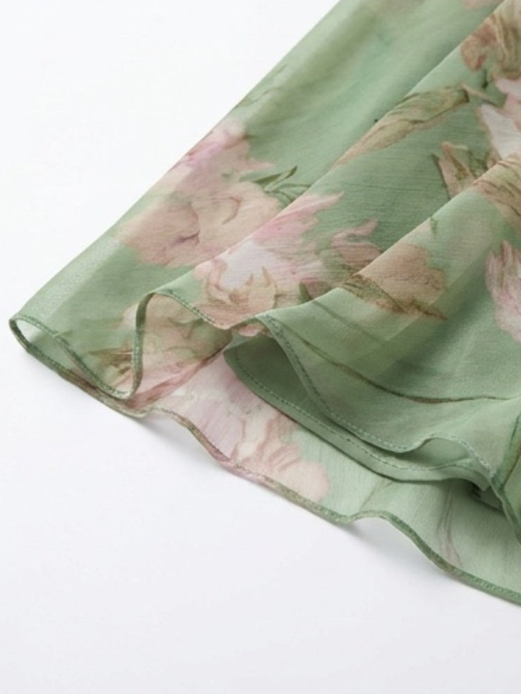 Leah - Green Floral Chiffon Maxi Dress with Halter Neckline