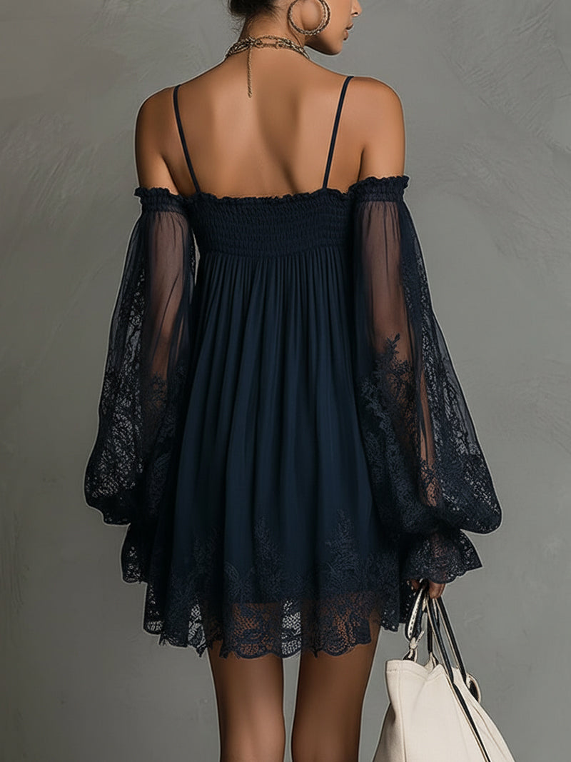Noemi™ | Robe Trapèze Courte en Dentelle Chiffon Bleu Marine