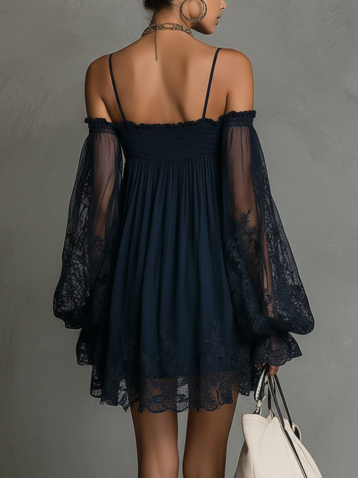 Noemi™ | Robe Trapèze Courte en Dentelle Chiffon Bleu Marine