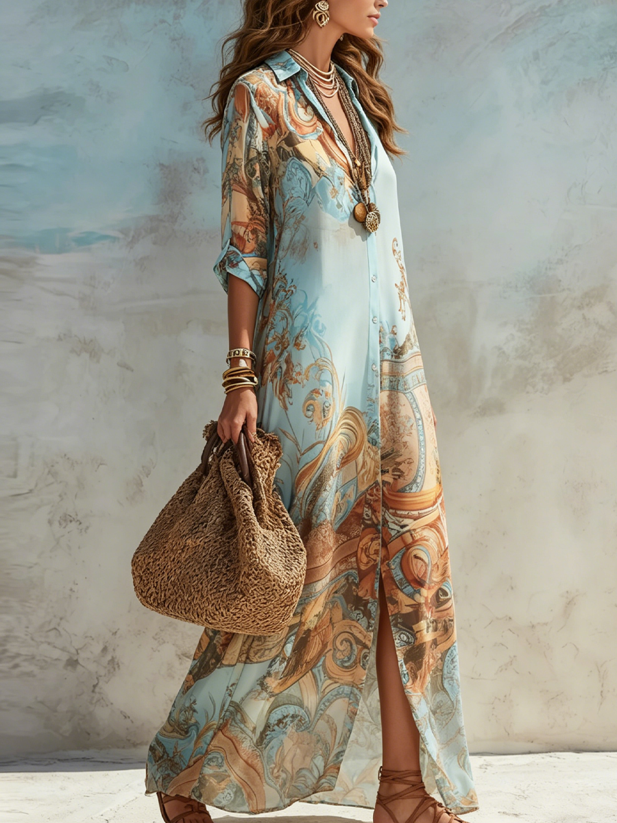 Robe Maxi Chiffon Floral Baroque Bleu
