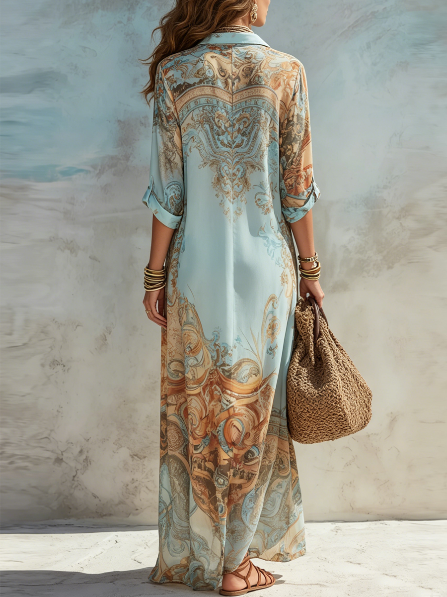 Robe Maxi Chiffon Floral Baroque Bleu