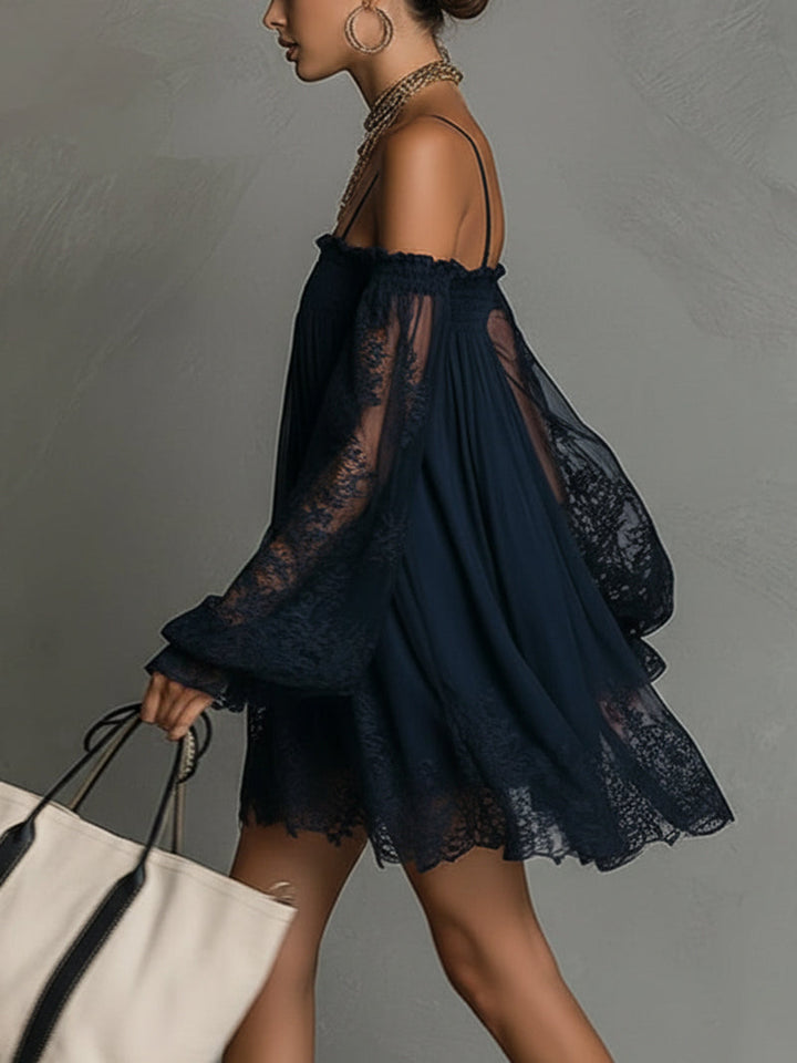 Noemi™ | Robe Trapèze Courte en Dentelle Chiffon Bleu Marine