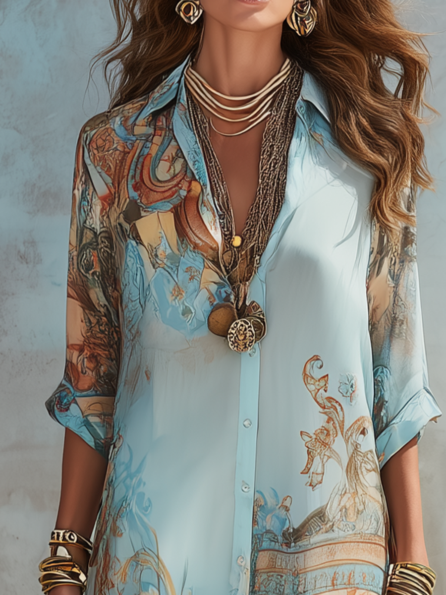 Robe Maxi Chiffon Floral Baroque Bleu