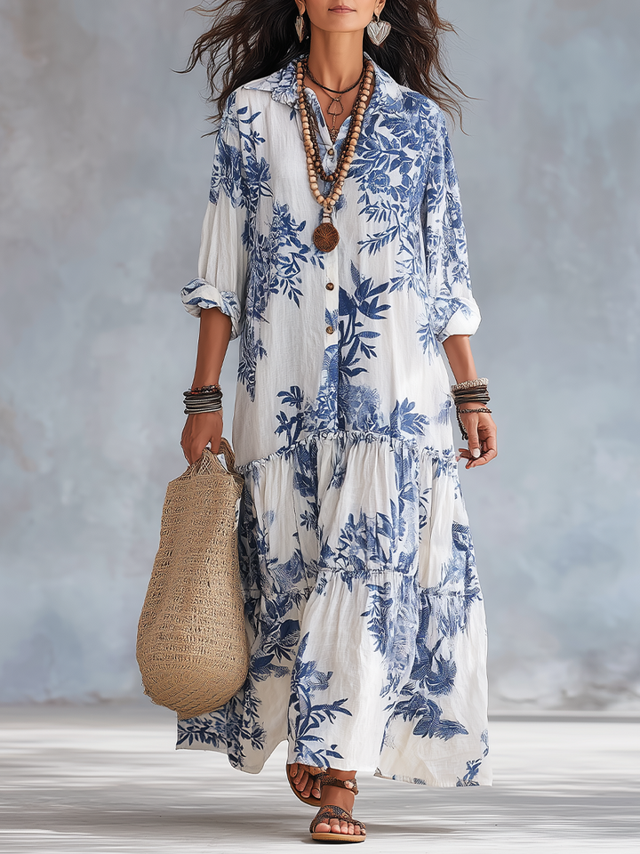 Robe Maxi Bohème Bleu à Fleurs avec Boutons