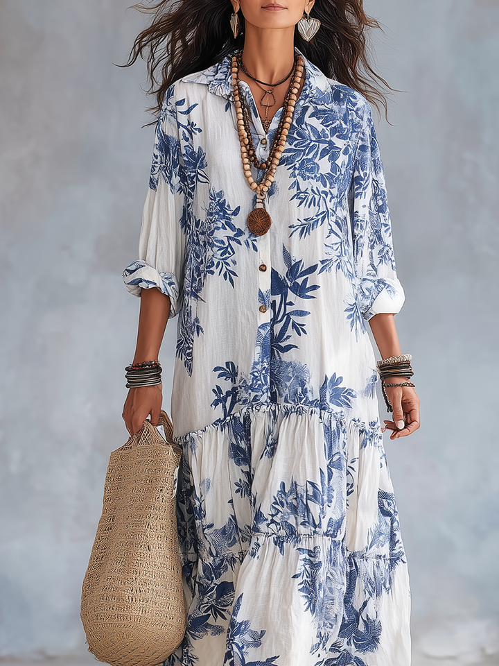 Robe Maxi Bohème Bleu à Fleurs avec Boutons