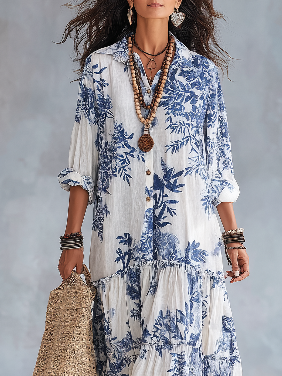 Robe Maxi Bohème Bleu à Fleurs avec Boutons