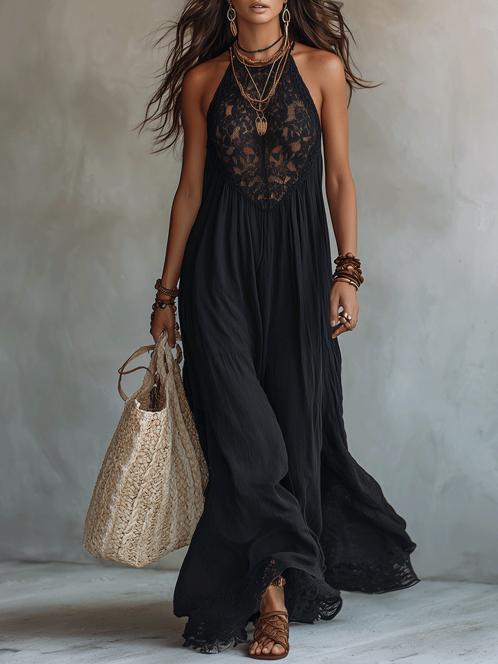 Robe Maxi de Soirée Bohémienne Élégante sans Manches à Drapé Fluide