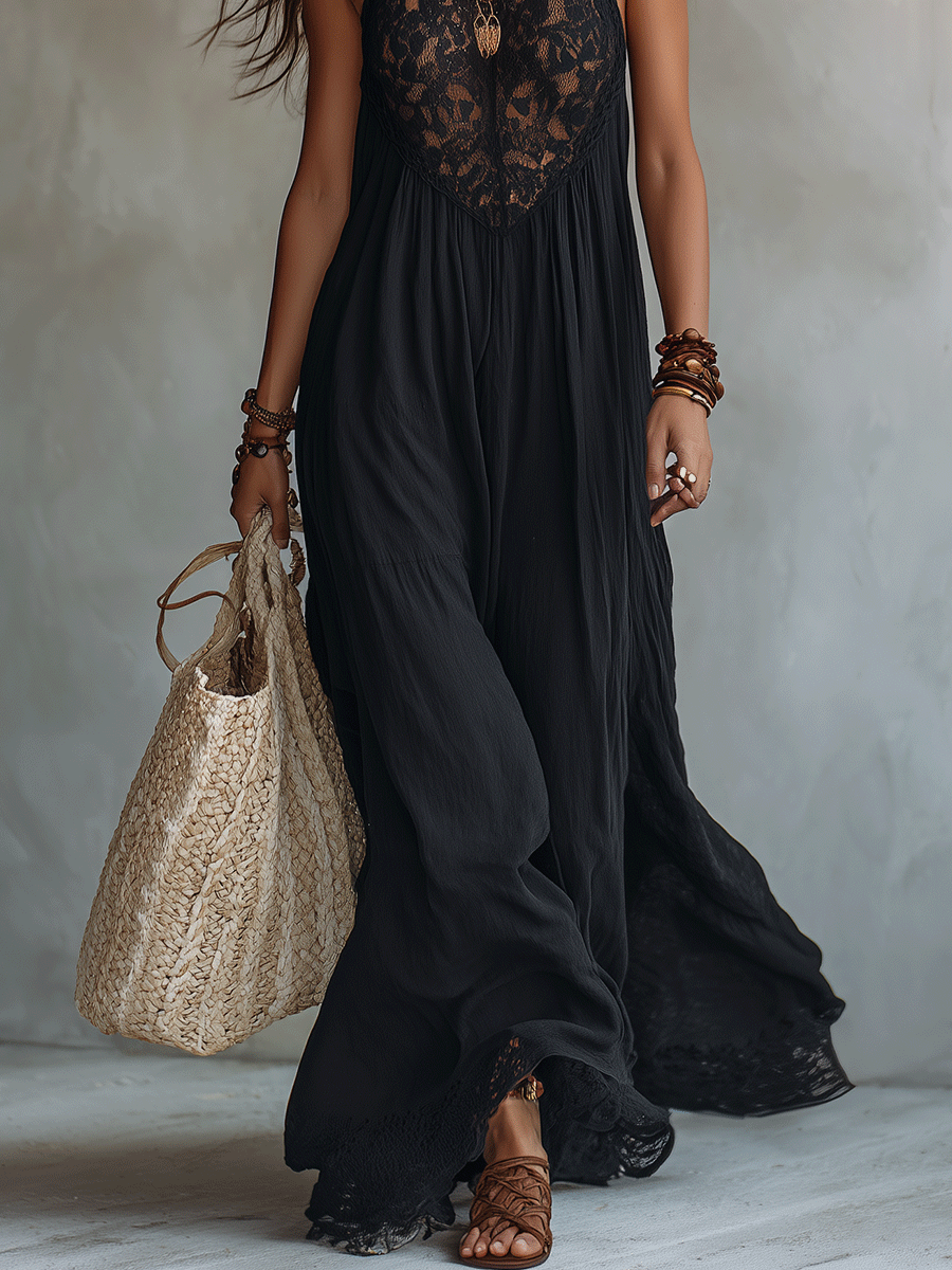 Robe Maxi de Soirée Bohémienne Élégante sans Manches à Drapé Fluide