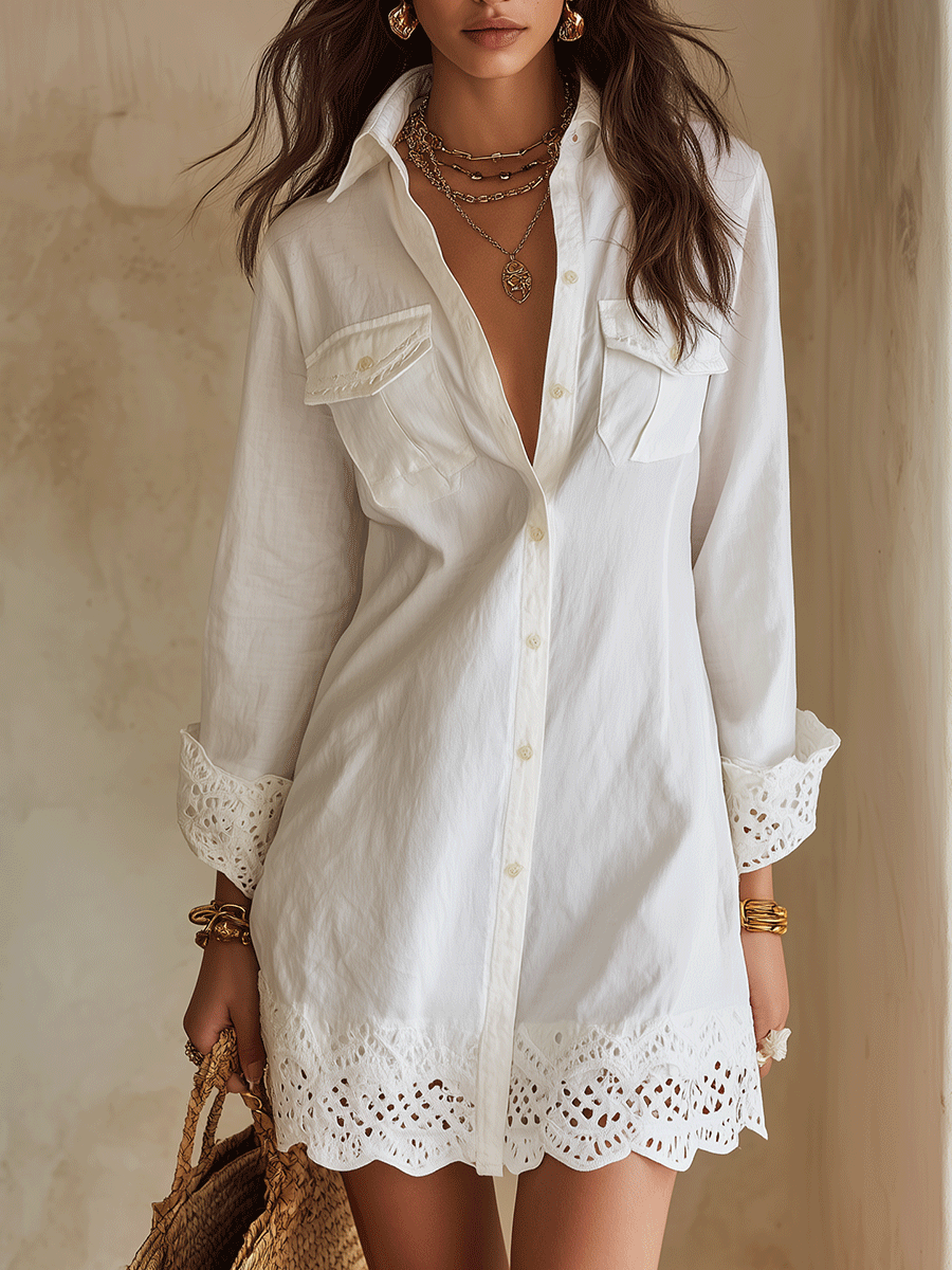 Robe Chemise Bohème Ourlet Oeillets Resort Blanc