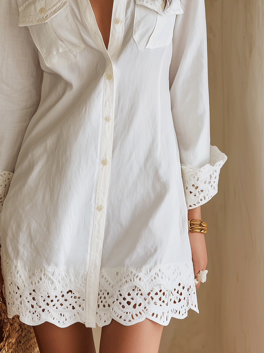 Robe Chemise Bohème Ourlet Oeillets Resort Blanc