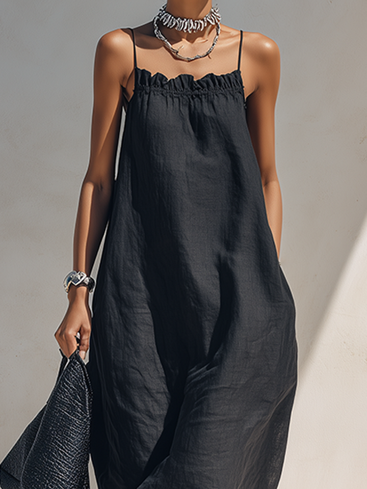 Minimalist Black Maxi Dress with Spaghetti Straps and Ruched Neckline
