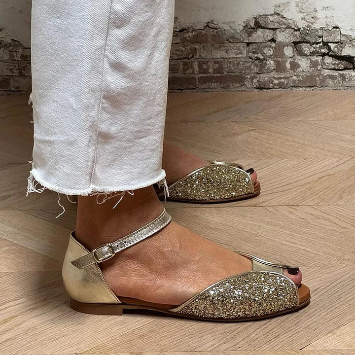 Barbara | Golden Sparkle Flat Sandals