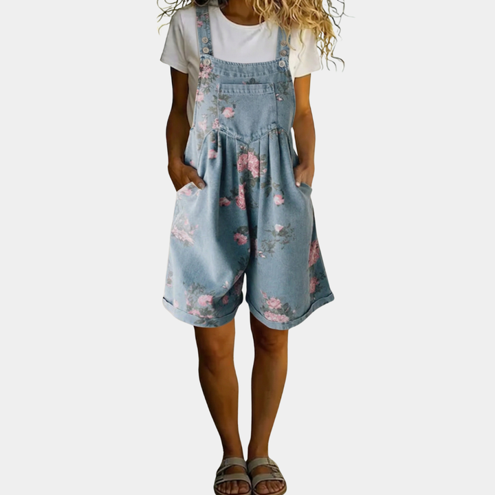Judy | Jean Denim Lavé Vintage avec Sensation Douce Salopette Florale