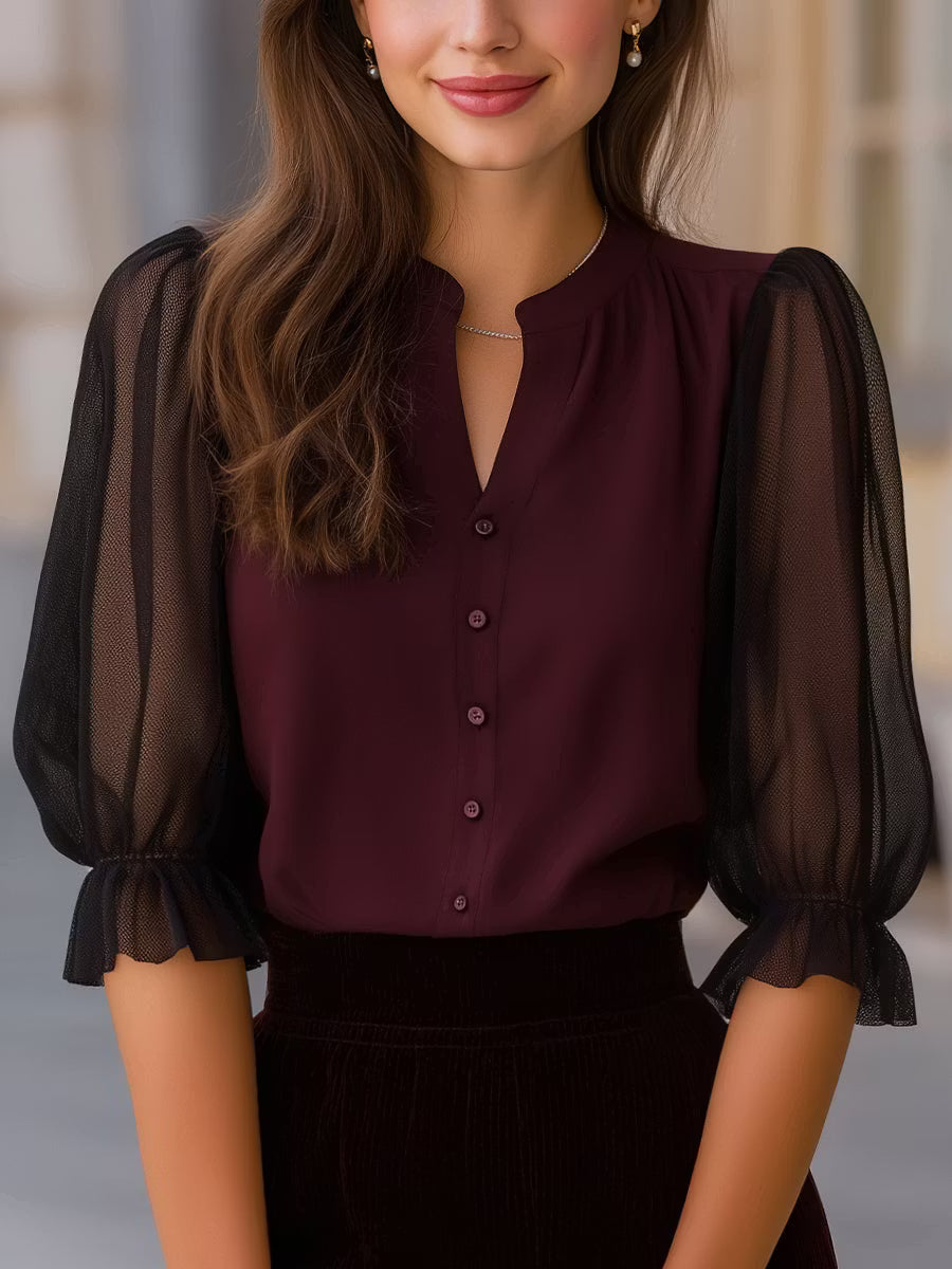 Valora - Sheer Puff Sleeve Button-Up Blouse
