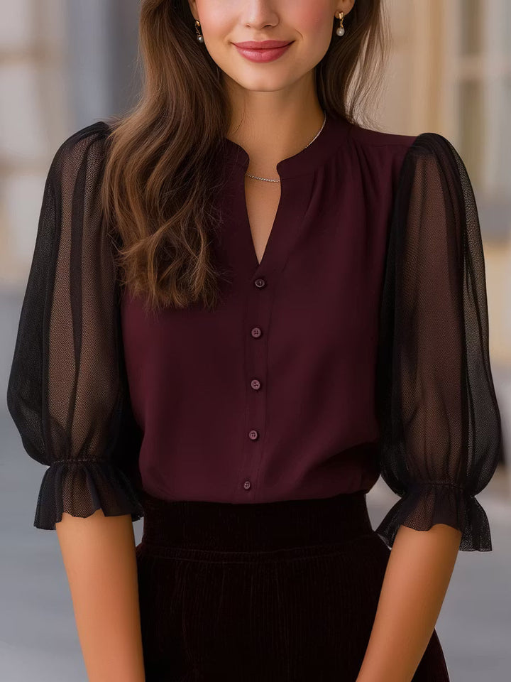 Valora - Sheer Puff Sleeve Button-Up Blouse