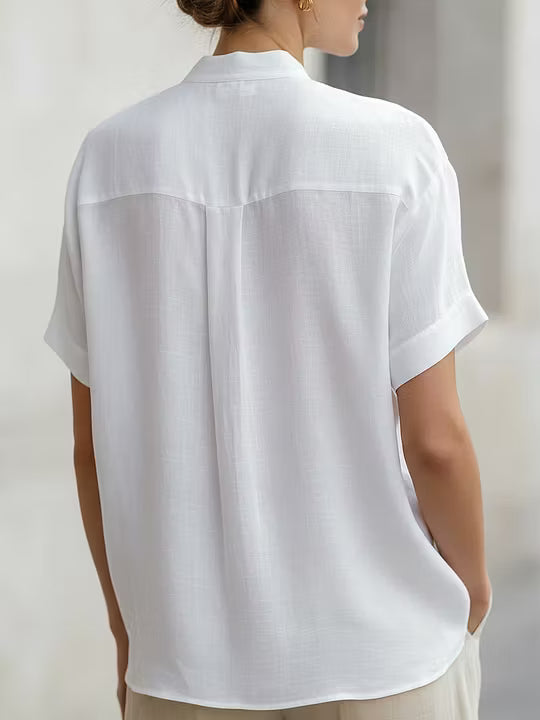 White Linen-Blend Stand Collar Short-Sleeve Blouse