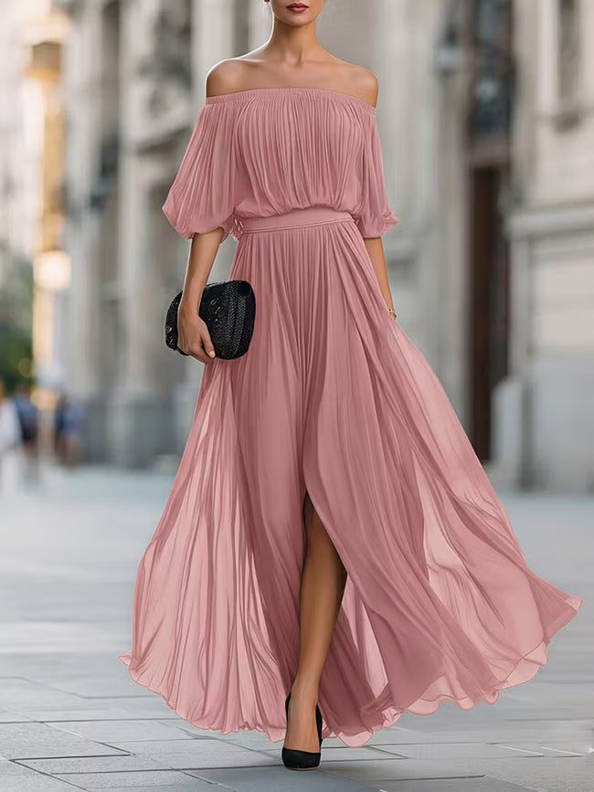 Victoria | Off-Shoulder Pleated Chiffon Maxi Dress